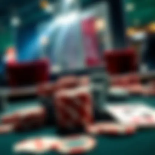 Poker table with chips and cards A poker table set with playing cards and poker chips, showcasing a competitive poker game atmosphere.