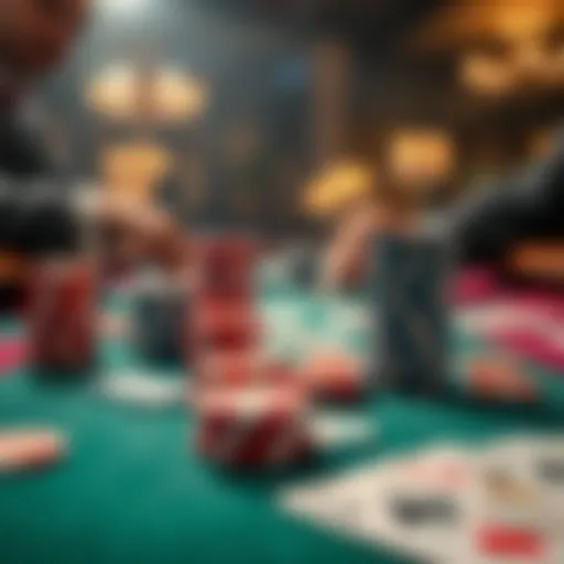 A close-up view of a poker table showing stacks of chips and playing cards, illustrating a betting scenario between players.