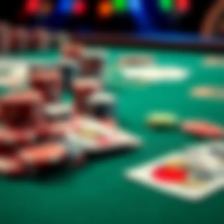 A close-up of a poker table showing poker chips and playing cards. This illustrates how casinos track players' winnings.