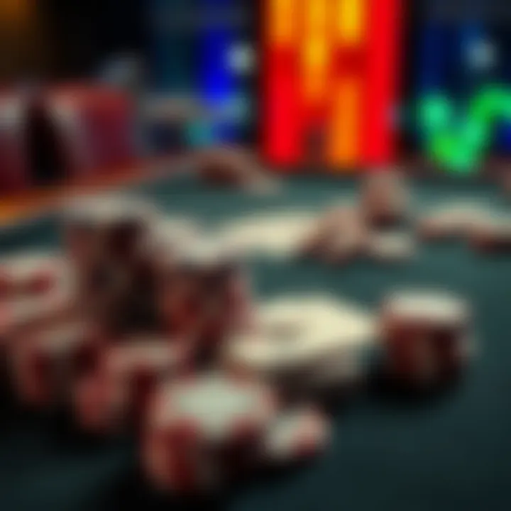 A close-up of a poker table showcasing stacks of chips and playing cards, representing the world of high-stakes poker games.