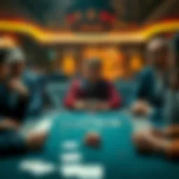 A poker table with several players looking puzzled and bored, cards in hand, reflecting the chaotic atmosphere of a gambling game