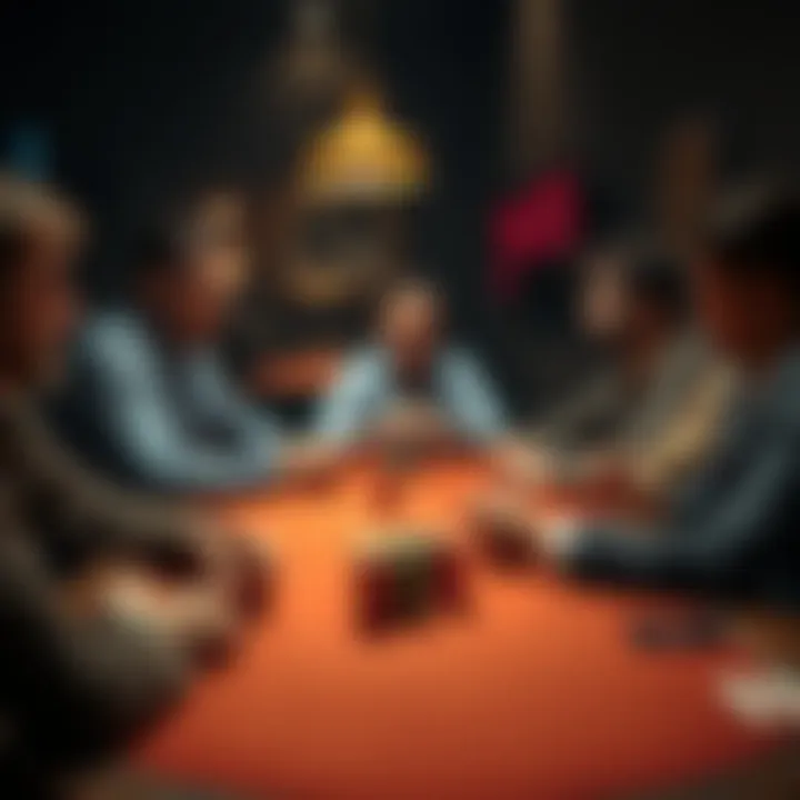 A poker table scene with players in discussion, one looking surprised while others show mixed reactions, capturing the moment of misunderstanding over a compliment.