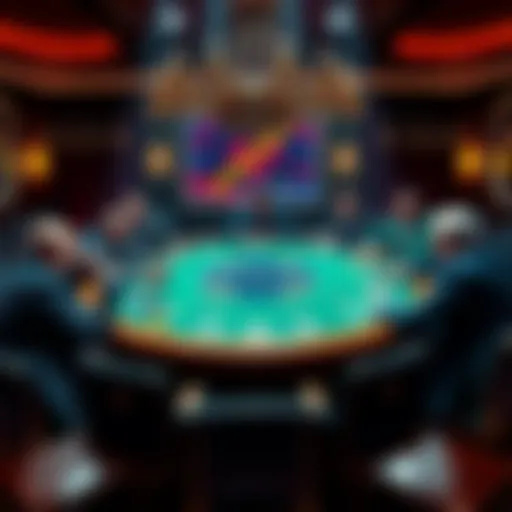 A luxurious poker table surrounded by players discussing the ban of Jungleman from private games.