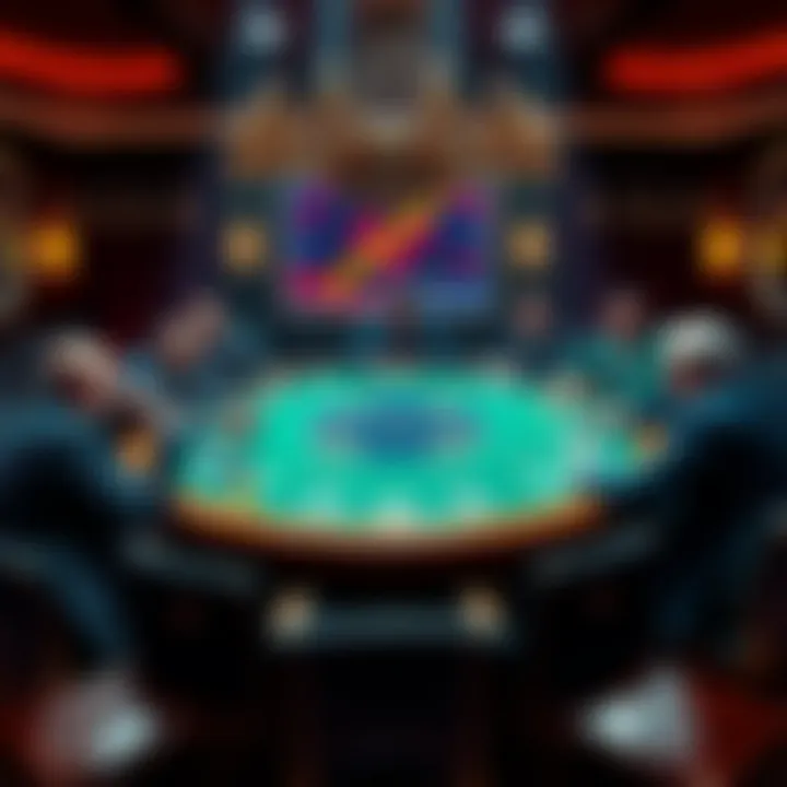 A luxurious poker table surrounded by players discussing the ban of Jungleman from private games.