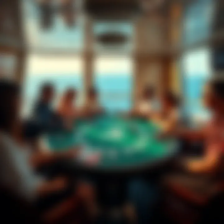 A lively poker table set up on a cruise ship, with diverse players engaged in a game, sea visible through a window.