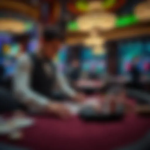 A casino dealer managing a poker table, surrounded by cards and chips, while another dealer handles a table game in the background