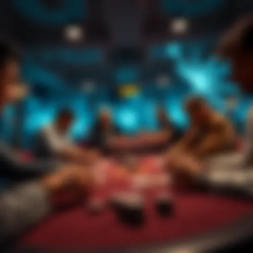 Poker table with players making decisions A poker table scene showing players concentrating on their cards and chips during a $5/5 game, highlighting intense decision-making moments.