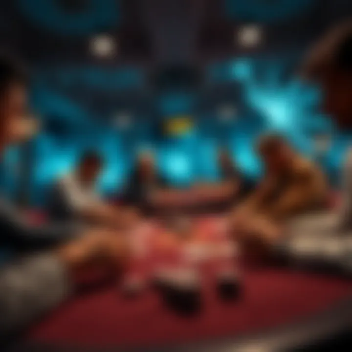 Poker table with players making decisions A poker table scene showing players concentrating on their cards and chips during a $5/5 game, highlighting intense decision-making moments.