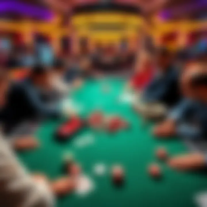 Poker Table in Europe A lively poker table in a European casino with players engaged in a game, chips and cards spread out, showcasing an exciting atmosphere.