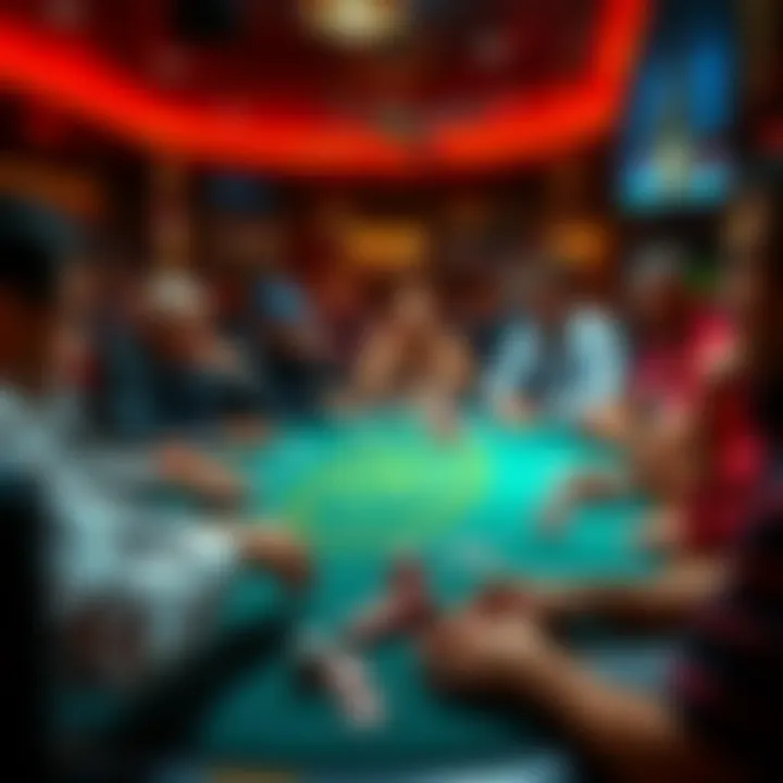 Poker table in a European club A crowded poker table in a European club showing players focused on their cards and chips, reflecting tension and competition