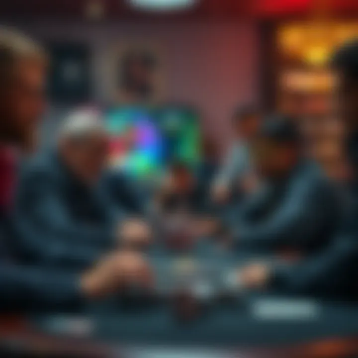 A poker table scene showing experienced players looking skeptical at a beginner, highlighting the tension in the game.