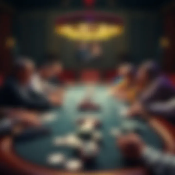 A poker table showing a small number of players engaged in a game, with chips and cards visible.