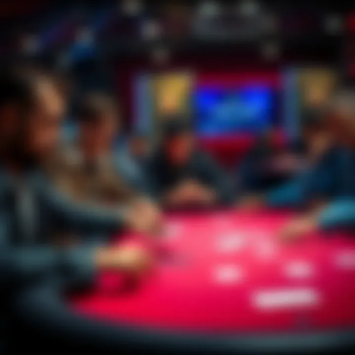 A poker table displaying players engaged in a final match, showcasing their focused expressions and cards.
