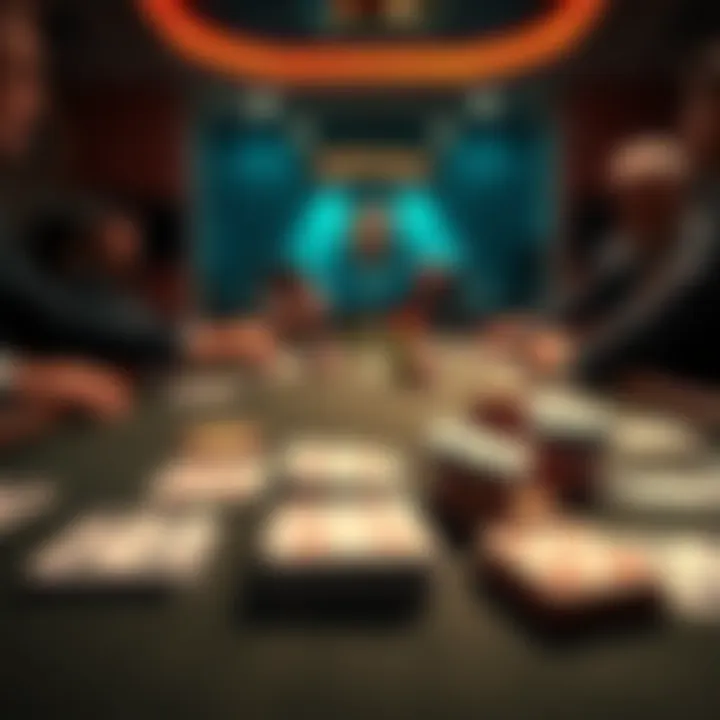 A poker table showing folded cards and players discussing strategy, focusing on the mindset of letting go after a fold.