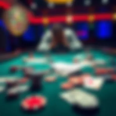 Poker Table with Chips and Cards A poker table displaying scattered poker chips and playing cards with a focus on a player looking frustrated after a big loss.