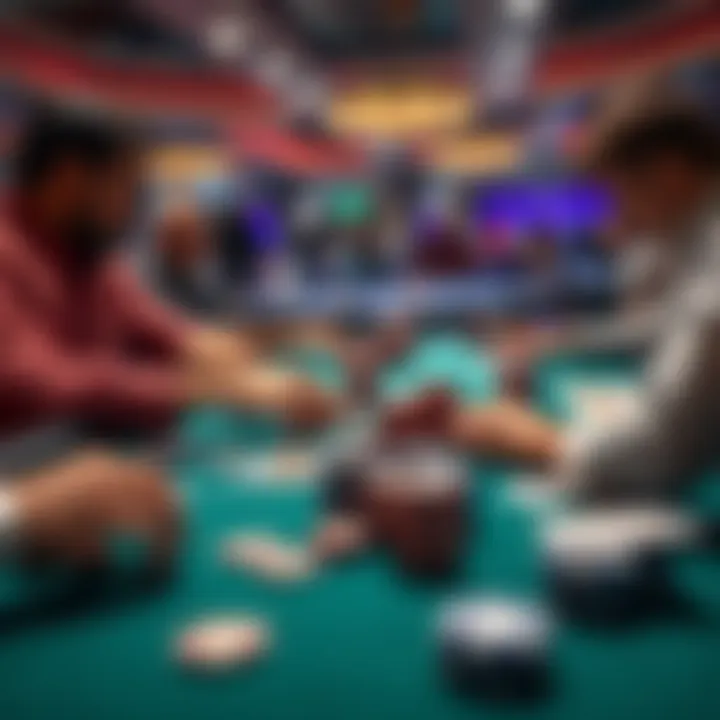 A poker game in progress with 5/10 stakes at a casino, showing players focused on their hands and chips on the table.