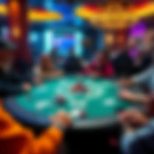 A lively poker table featuring players engaged in a game of Texas Hold'em with chips and cards visible.