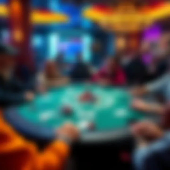 A lively poker table featuring players engaged in a game of Texas Hold'em with chips and cards visible.