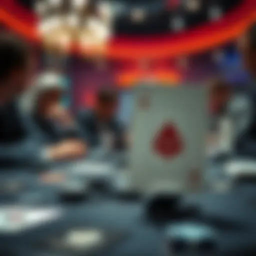 A poker table showing players contemplating their next move with a Joker card prominently displayed, highlighting the tension in a high-stakes game.