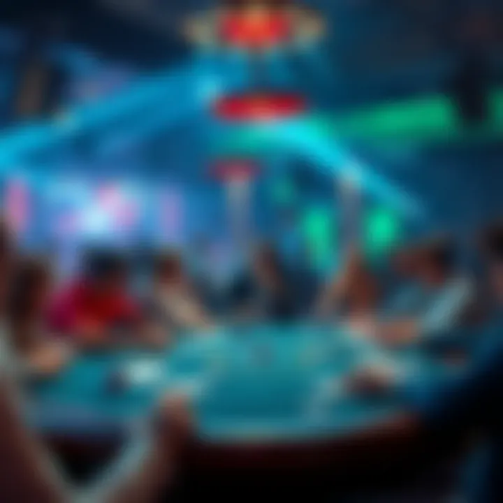 A crowded poker table with players focused on their cards while loud music plays in the background, creating a tense atmosphere.