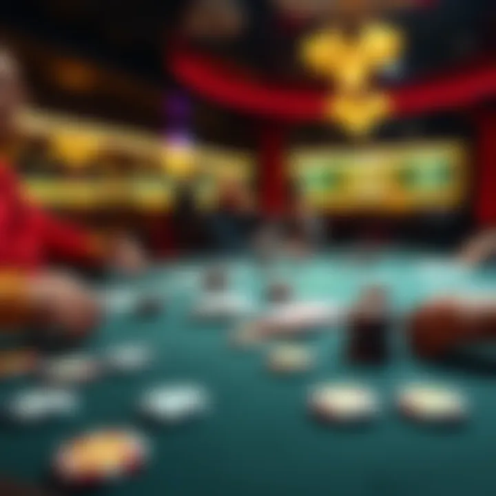 Poker table with low stakes chips A poker table featuring low stakes chips, cards, and players discussing strategies.