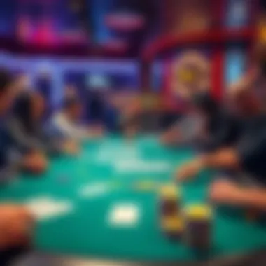 A lively poker table with players engaged in a game at Magic City Poker Room in Miami, highlighting rake fees on the table.