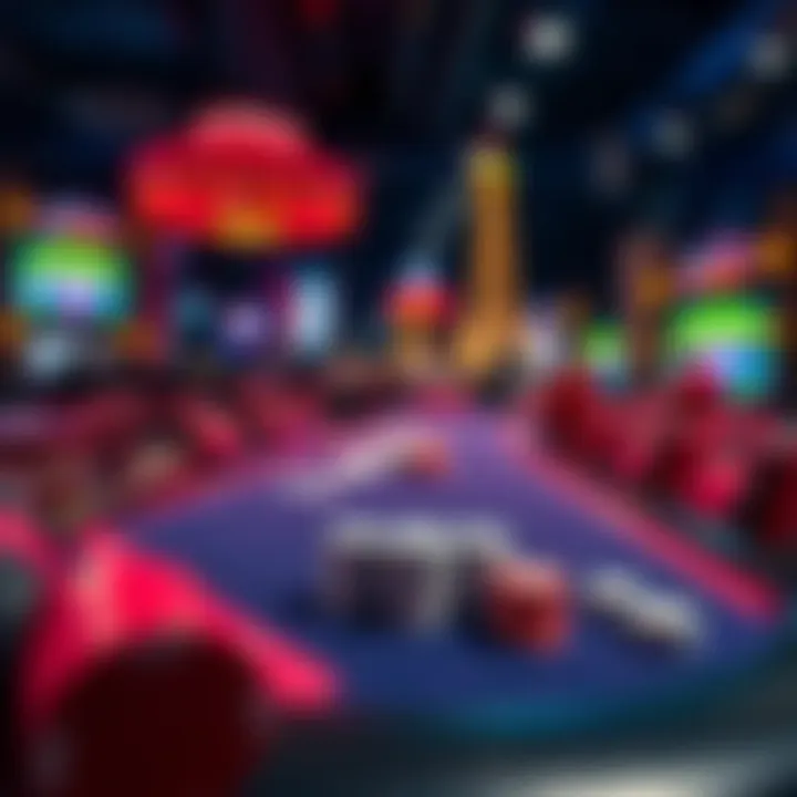 A poker table with cards and chips in a vibrant Nashville setting
