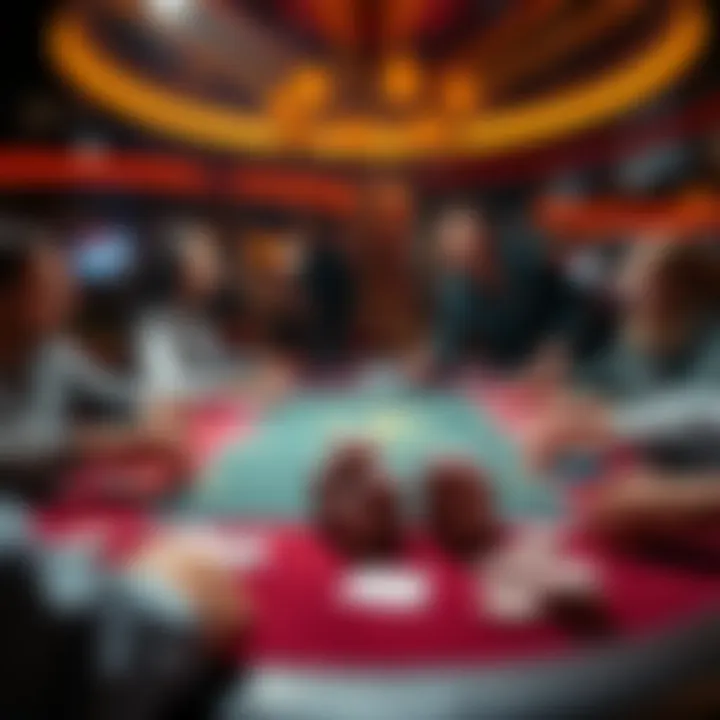 A poker table with players engaged in a game at a Pennsylvania casino, showcasing cards and chips.