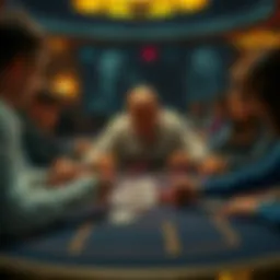 A poker table showing players strategizing and focusing on their cards, with one player appearing overly confident and lucky.
