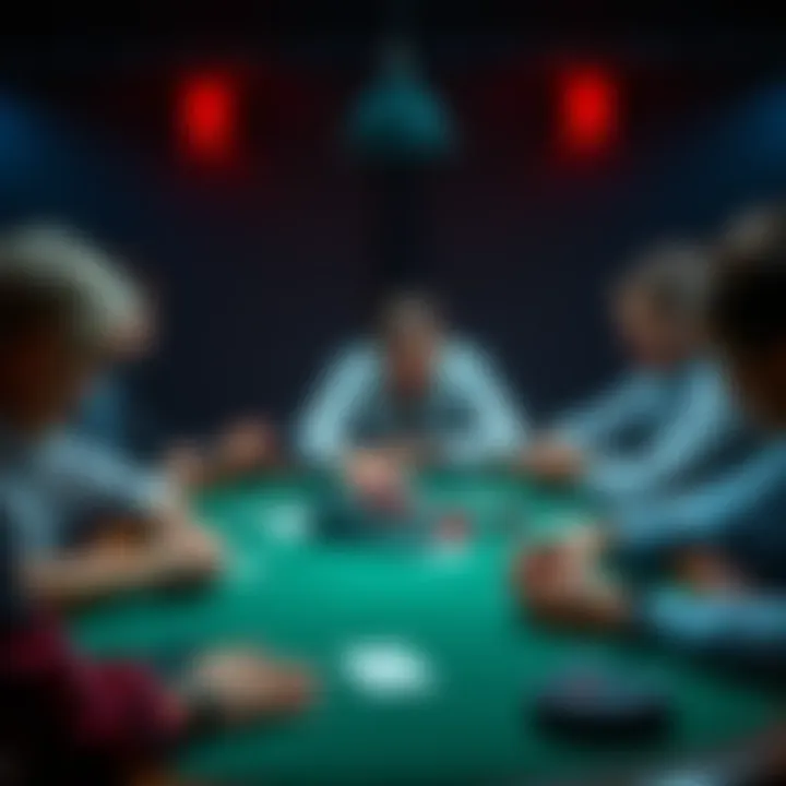 Poker table with players A poker table featuring players focused on their cards while one man appears distressed, symbolizing emotional struggles.