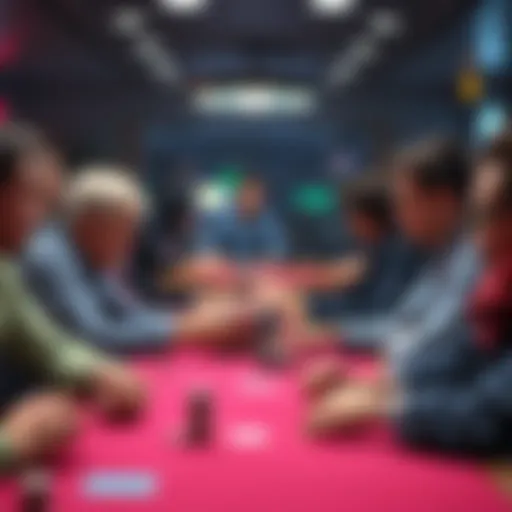 A poker table filled with experienced players focused on their hands, while a novice player looks confused, highlighting the competitive atmosphere.