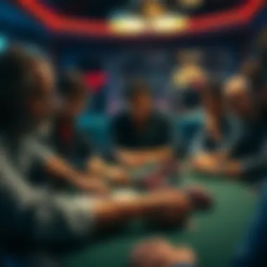 A group of focused players at a poker table, with cards and chips, illustrating a tense moment in the game.