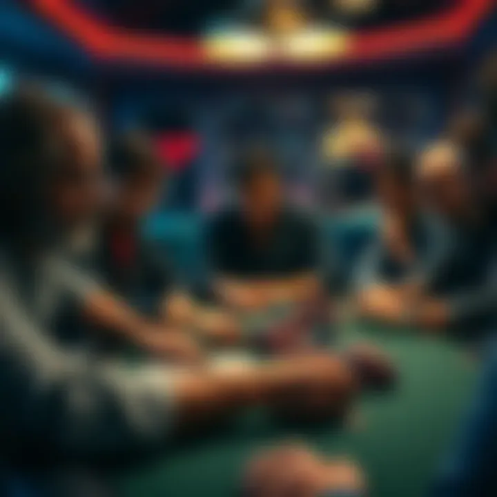 A group of focused players at a poker table, with cards and chips, illustrating a tense moment in the game.