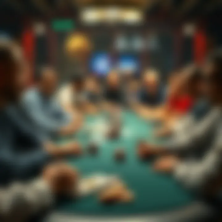 Poker table with players A group of people sitting around a poker table, focused on their cards and chips in a Seattle setting.