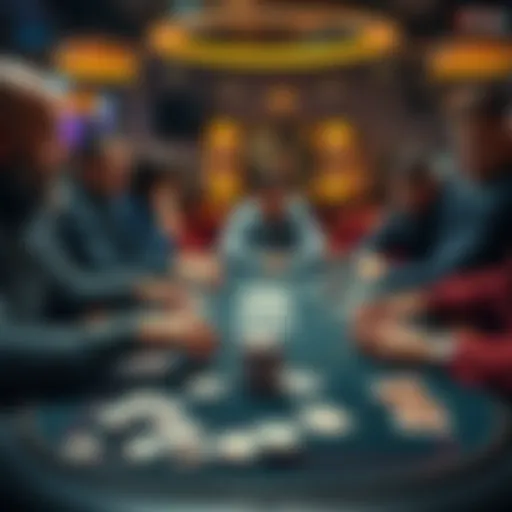 Poker table with players and cards A group of players at a poker table focusing on their cards while a game is in progress, highlighting a casual low-stakes environment.