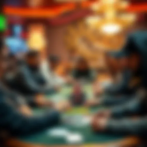 A group of poker players at a table during a tournament, focusing on their strategies and decisions