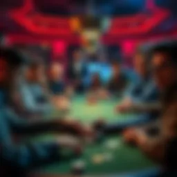 A poker table with players, some showing concentration while others appear distracted, representing diverse experiences with ADHD in poker.