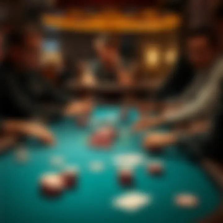 A poker table with players engaged in a game, stacks of chips and cards visible