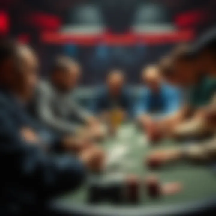 Poker table with players focused on their cards A group of poker players at a table, concentrating on their cards, surrounded by chips and drinks, showing a mix of confidence and tension.