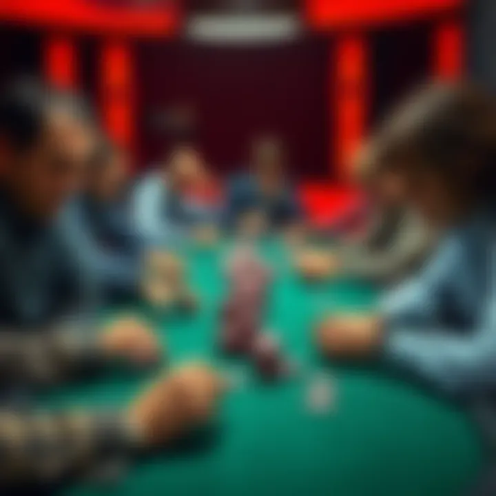 Poker Table with Players A group of players at a poker table, focused on their hands and chips, showing determination to succeed.