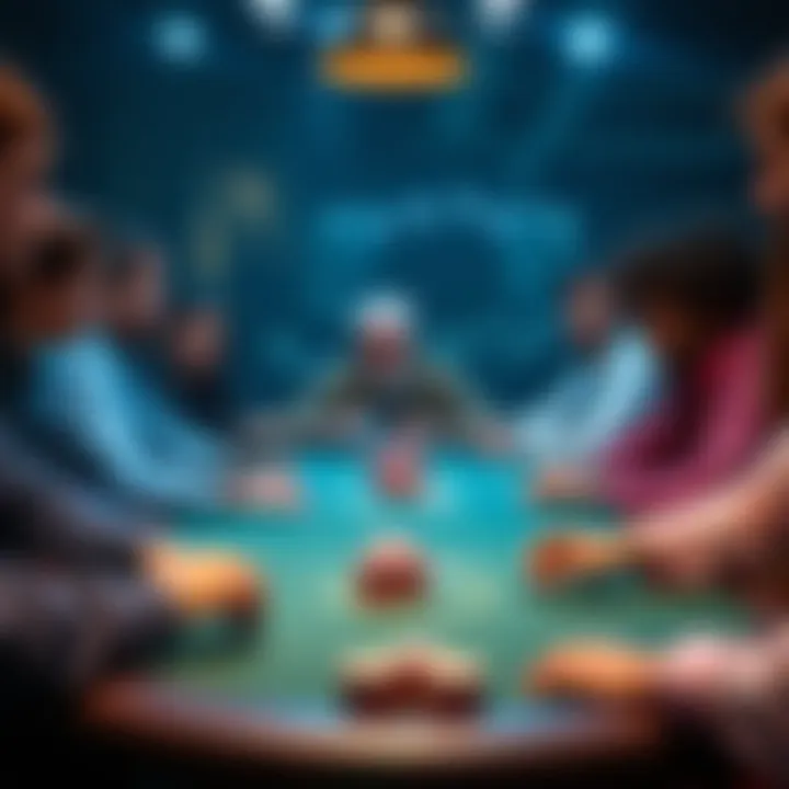 Poker table filled with players enjoying a game, showing a mix of excitement and focus as they play together.