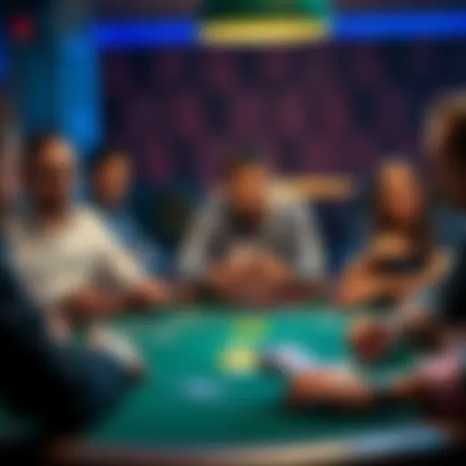 A poker table showing players with cards in hand, some looking thoughtful while others appear relaxed, indicative of a game with few raises.