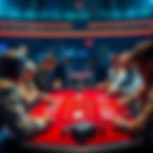 A group of poker players at a table analyzing their hands and the flop on the board