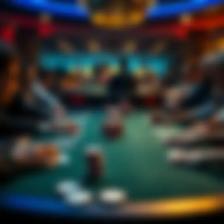 A poker table featuring players engaged in a game, focusing on their cards and chips, representing a decision-making moment in a hand.