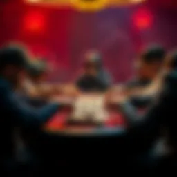 Poker table with players and cards A tense poker game at a table, showing players reacting to their hands, with cards spread out and chips in front of them.