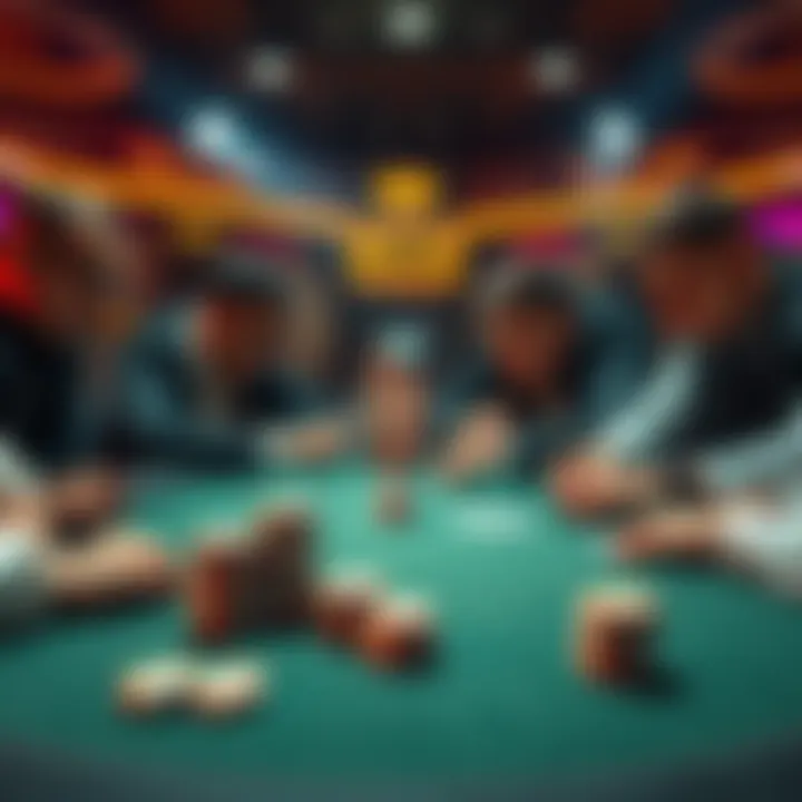 A group of players at a poker table discussing raises of 5bb, with chips stacked in front of them