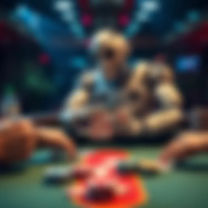 A poker table featuring a robot playing cards against human players, highlighting the integration of bots in online poker platforms