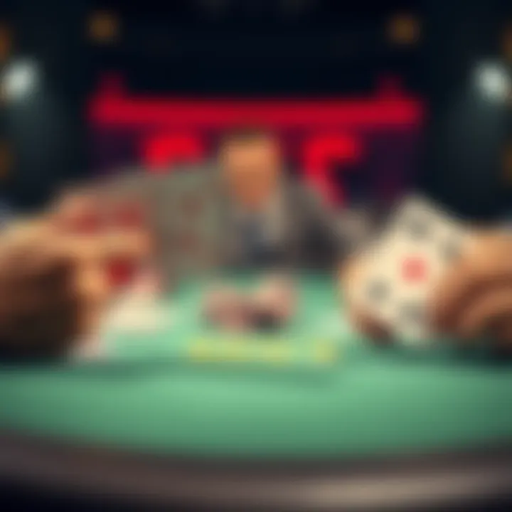 A poker table scene showing a player with a strong hand holding four cards of the same rank, while another player folds his cards, representing a tense moment in an online Omaha game.