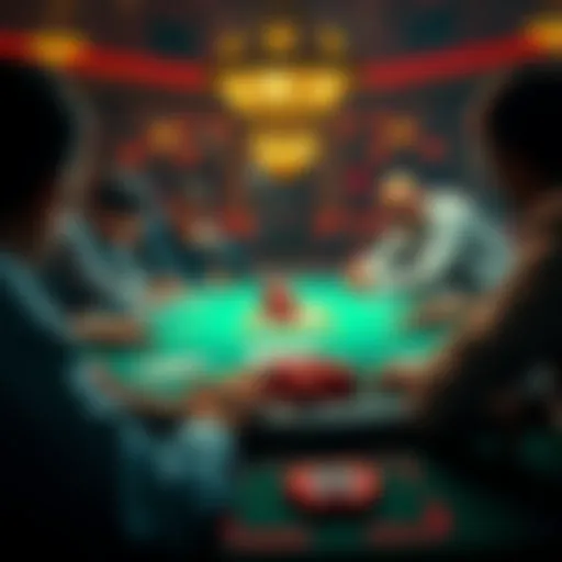 A poker table showing players in a tense game situation, focusing on decision-making during a hand.