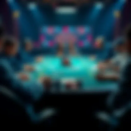 A poker table with cards, chips, and players engaged in a game, blending online and live poker experiences.